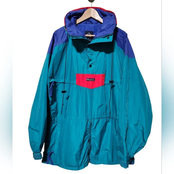 Vintage 90's Columbia Teal Anorak Retro Hideaway Hood Radial Sleeve Large - Picture 5 of 13